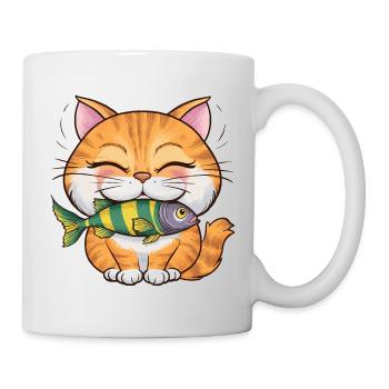 Niedliche Katze mit Fisch für Katzenbesitzer - Tasse - Weiß - Rechts