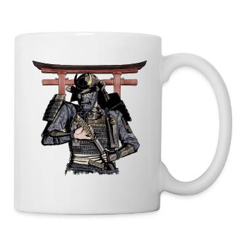 Blue Samurai unsheathing his katana with Torii - Mug - white - Right