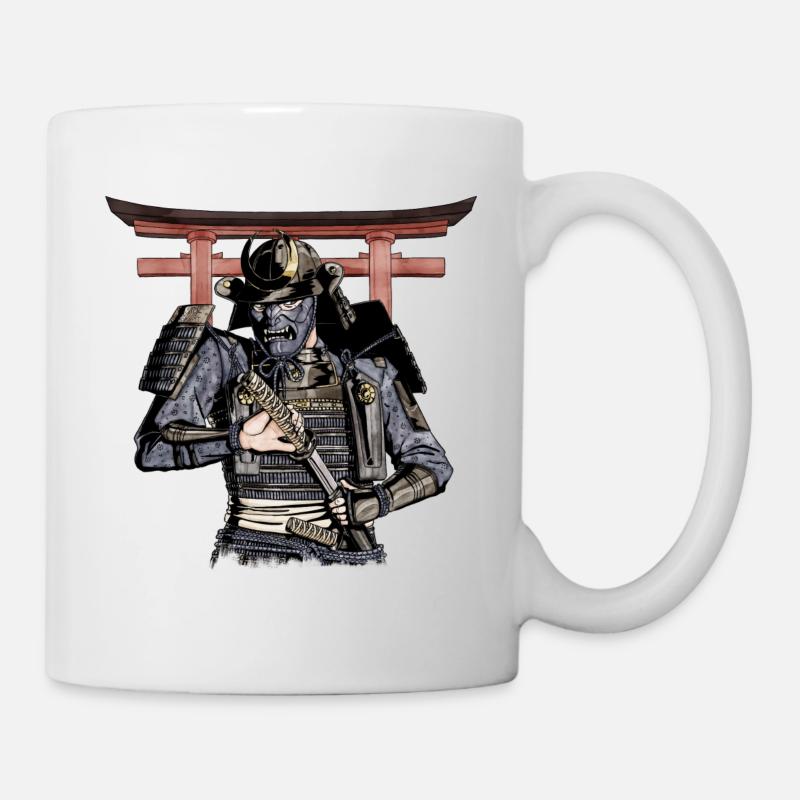 Blue Samurai unsheathing his katana with Torii - Mug - white