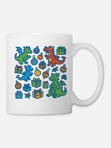 Festlicher Cartoon Drache und Geschenkmuster - Tasse - Weiß
