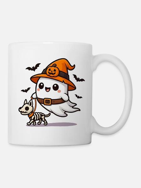 Geist geht gassi mit Skelett‑Hund Halloween Shirt - Tasse - Weiß