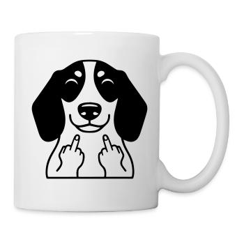 Frecher Dackel zeigt Mittelfinger – Lustiger Comic - Tasse - Weiß - Rechts