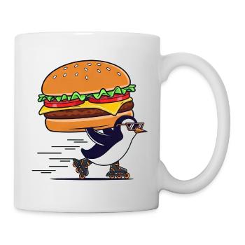 A cute penguin enjoying a cheeseburger. - Mug - white - Right