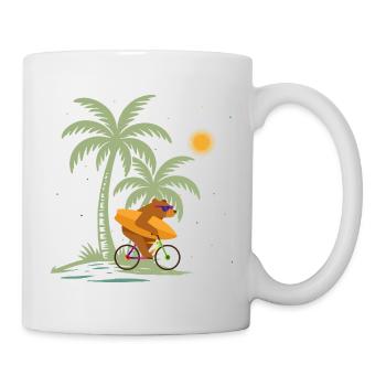 Bear with surfboard on bicycle under palm trees - Mug - white - Right