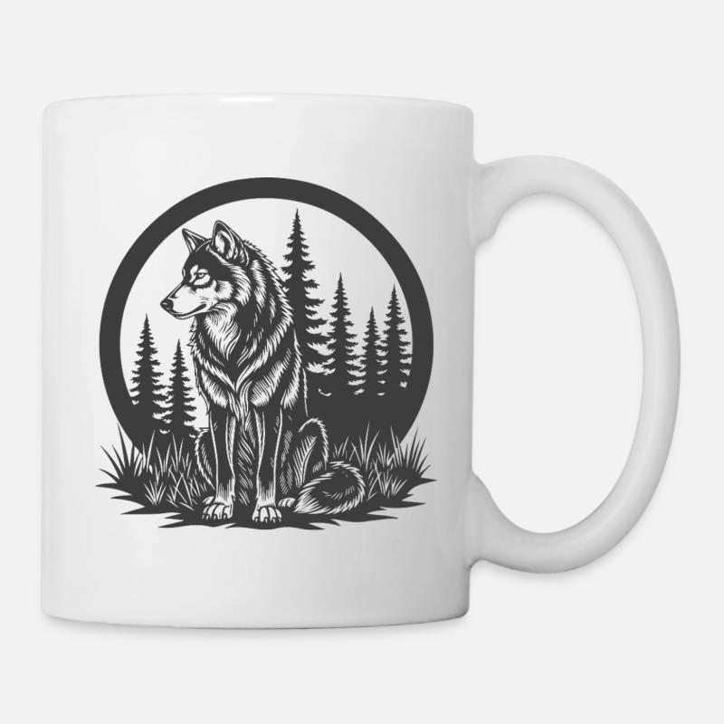 Loup dans les bois dans un cadre circulaire - Mug blanc - blanc
