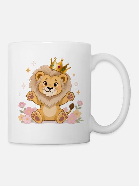 🦁 Löwe mit Krone und Blumen - Tasse - Weiß