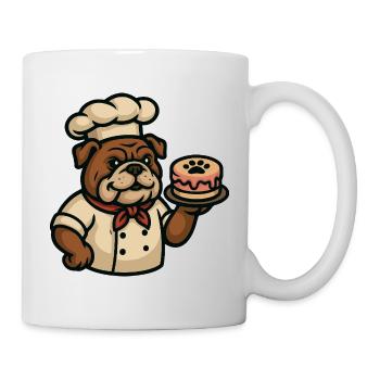 Bulldoggen-Koch hält Pfotenkuchen-Cartoon-Kunst - Tasse - Weiß - Rechts