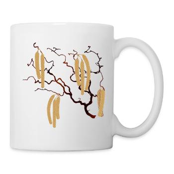 Korkenzieher-Haselzweig mit goldenen Haselkätzchen - Tasse - Weiß - Rechts