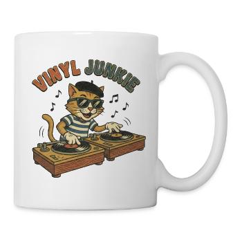 Vinyl Junkie – Retro Comic DJ Katze Vintage - Tasse - Weiß - Rechts