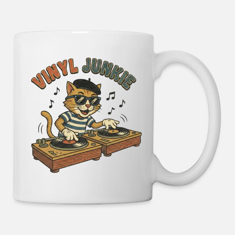 Vinyl Junkie – Retro Comic DJ Cat Vintage - Mug - white