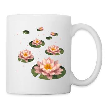 Several polygonal water lilies on green leaves - Mug - white - Right