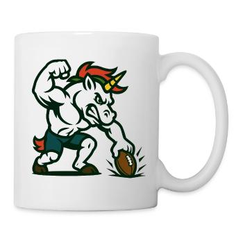 Einhorn-Fußball-Power-Maskottchen-Stärkedesign - Tasse - Weiß - Rechts