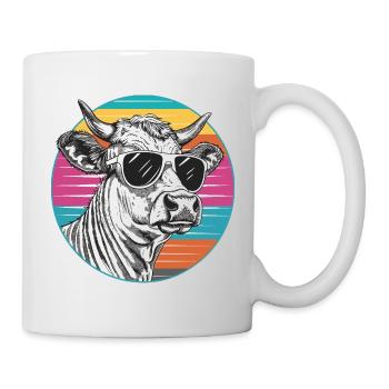 Kuh im Retro Neon-Look mit Sonnenbrille - Tasse - Weiß - Rechts