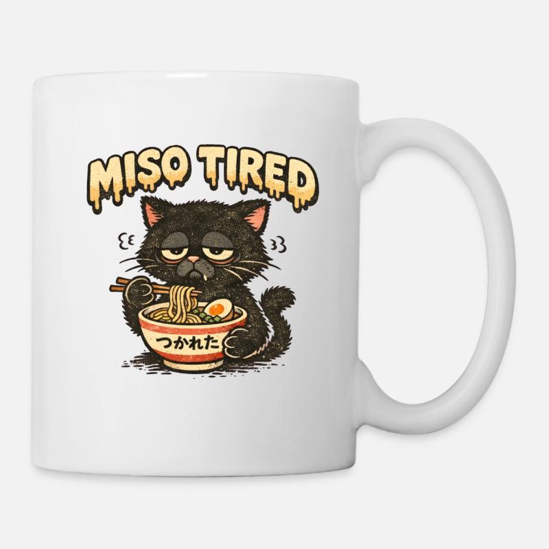 Miso Tired – Müde Katze isst Ramen - Tasse - Weiß