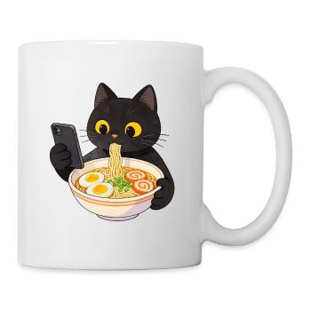 Black cat with smartphone and ramen noodles - Mug - white - Right
