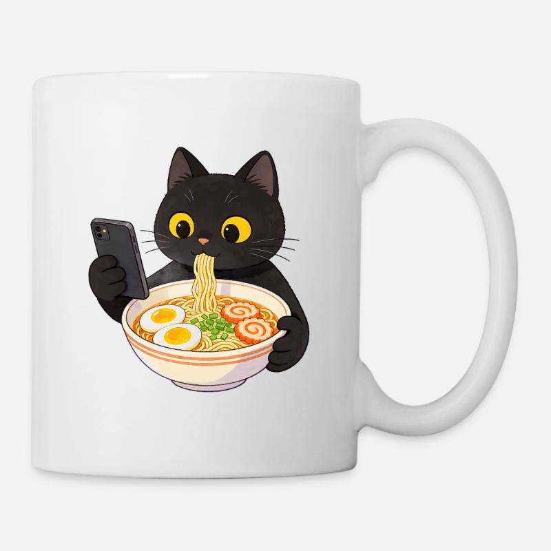 Schwarze Katze mit Smartphone und Ramen Nudeln - Tasse - Weiß
