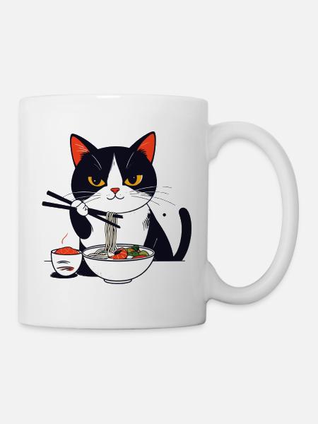 Cat Eats Sushi with Chopsticks Ramen Charm Noodles - Mug - white