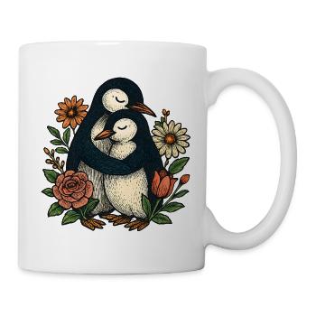 Kuschelnde Pinguine im Blumengarten - Tasse - Weiß - Rechts