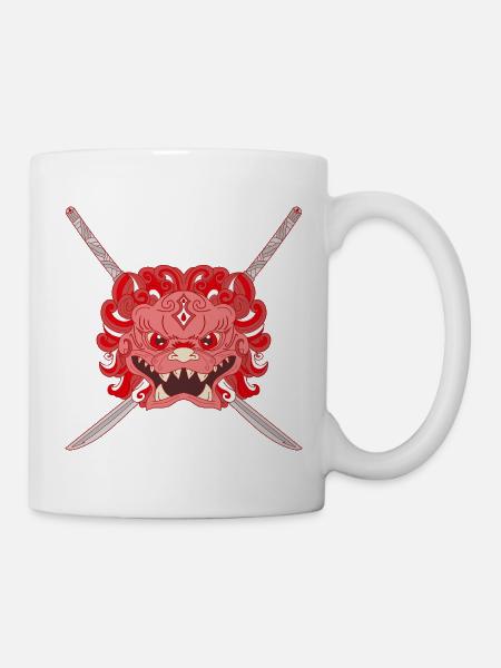 Red Chinese Lion and Katana Mix - Mug - white