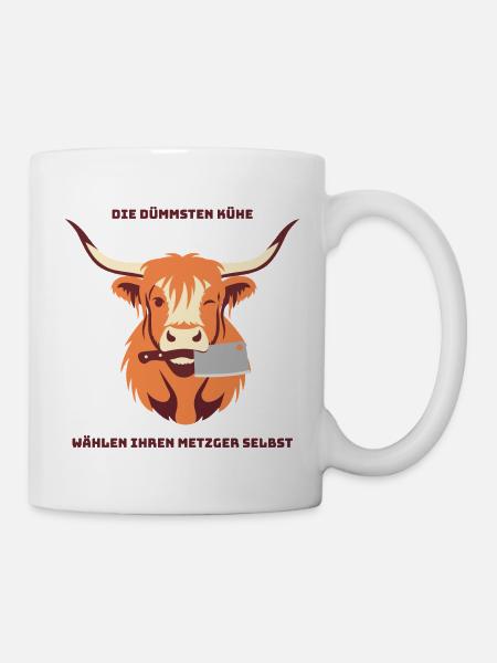 Kuh mit Beil – Wähle deinen Metzger - Tasse - Weiß
