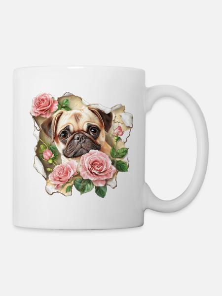 Mops mit Rosen - Tasse - Weiß