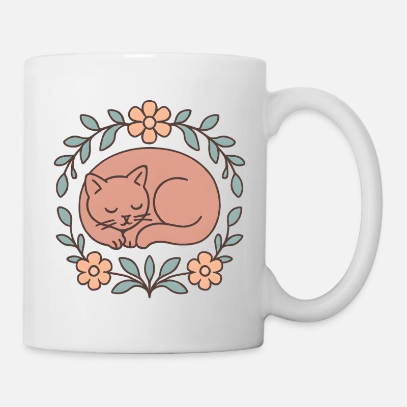 Sleeping cat in a circle of flowers - Mug - white