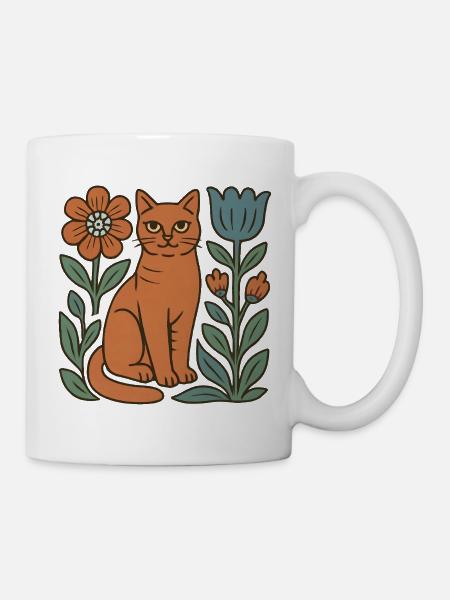 Katzen-Folk mit Blumenrahmen - Tasse - Weiß