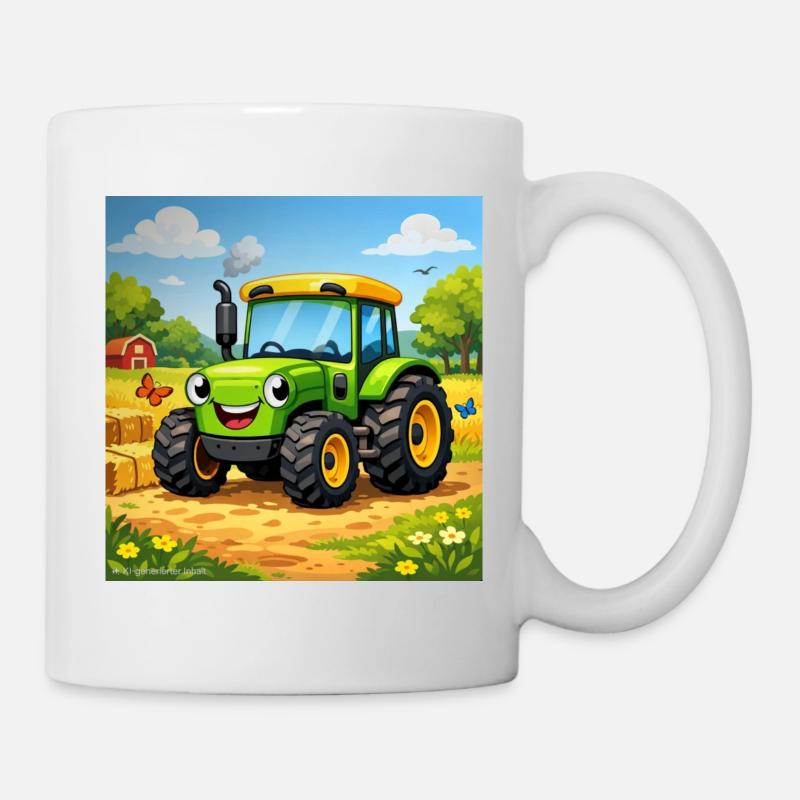Fröhlicher Grüner Traktor auf Feld - Tasse - Weiß