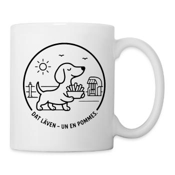 Dackel dat Läven un een Pommes - Tasse - Weiß - Rechts