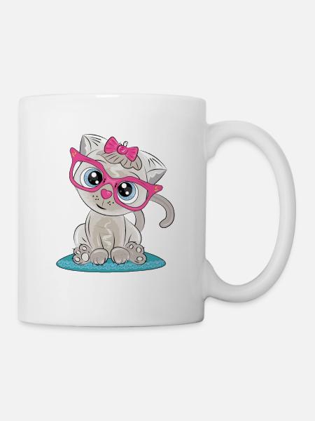 Kätzchen mit rosa Brille und Schleife - Tasse - Weiß