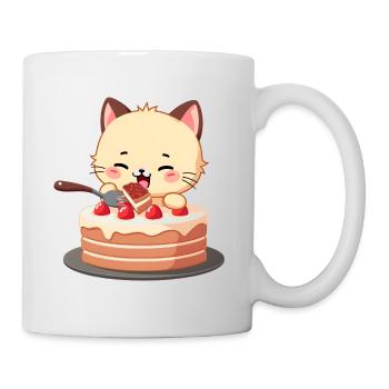 Katze isst Kuchen - Tasse - Weiß - Rechts