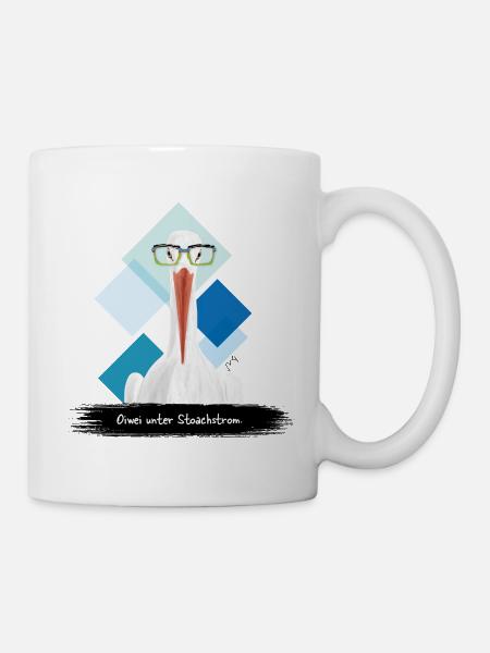 JvG Storch "Oiwei unter Stoachstrom." - Tasse - Weiß