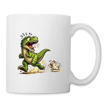 Comic Raptor Dinosaur on the run from a chicken - Mug - white - Right