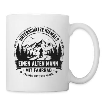 Alter Mann mit Fahrrad – Abenteuerszene - Tasse - Weiß - Rechts