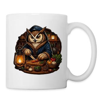 Eulenkoch im Hoodie am Schneiden - Tasse - Weiß - Rechts