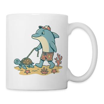 Delfin geht Gassi mit Schildkröte - Tasse - Weiß - Rechts