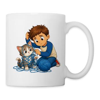 Junge befreit Katze sanft aus blauem Wollknäuel - Tasse - Weiß - Rechts