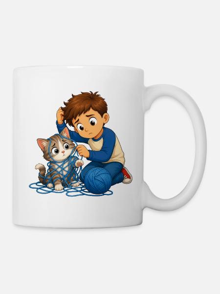 Le garçon libère doucement le chat de la pelote bleue de laine - Mug blanc - blanc