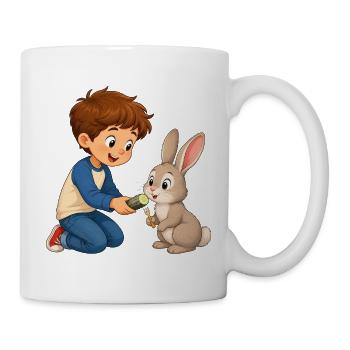 Kaninchen bekommt Gurke vom fröhlichen Jungen - Tasse - Weiß - Rechts