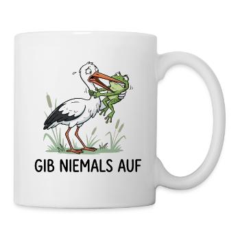Gib niemals auf! – Lustiger Storch & Frosch - Tasse - Weiß - Rechts