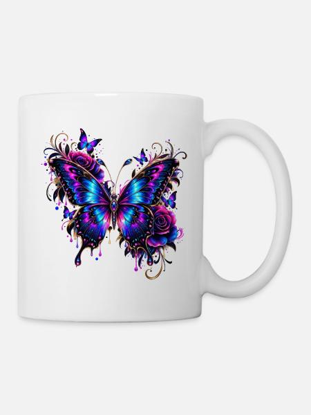 Neon Schmetterling mit leuchtenden Flügeln - Tasse - Weiß