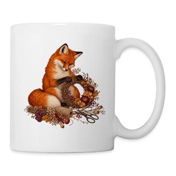 Rotfuchs bindet einen Trockenblumenkranz - Tasse - Weiß - Rechts