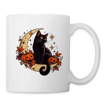 Nachtschwarze Katze mit Hallowen-Kürbissen - Tasse - Weiß - Rechts