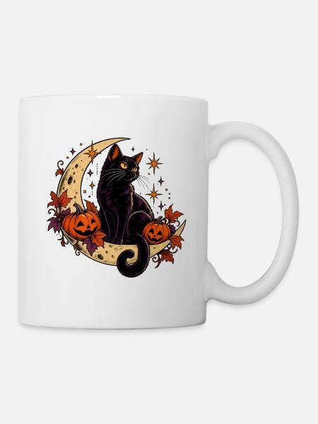 Nachtschwarze Katze mit Hallowen-Kürbissen - Tasse - Weiß