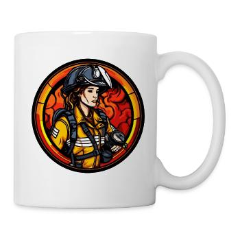Feuerwehrfrau mit Helm und Flammen - Tasse - Weiß - Rechts