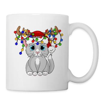 Weihnachtskatze mit Lichterkette - Tasse - Weiß - Rechts