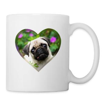 Lustiger Mops Welpe Hund Foto Porträt mit Herz - Tasse - Weiß - Rechts