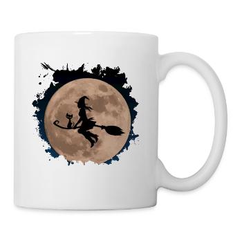 Sorcière avec chat doux « Catrina » sur balai avec la lune - Mug blanc - blanc - Droite