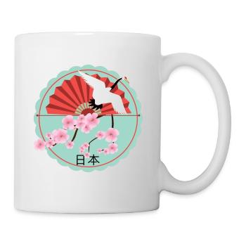 Japan fan on cherry blossom with crane round - Mug - white - Right