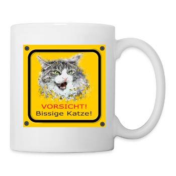 Katze lustig bissig Warnschild Achtung Vorsicht - Tasse - Weiß - Rechts